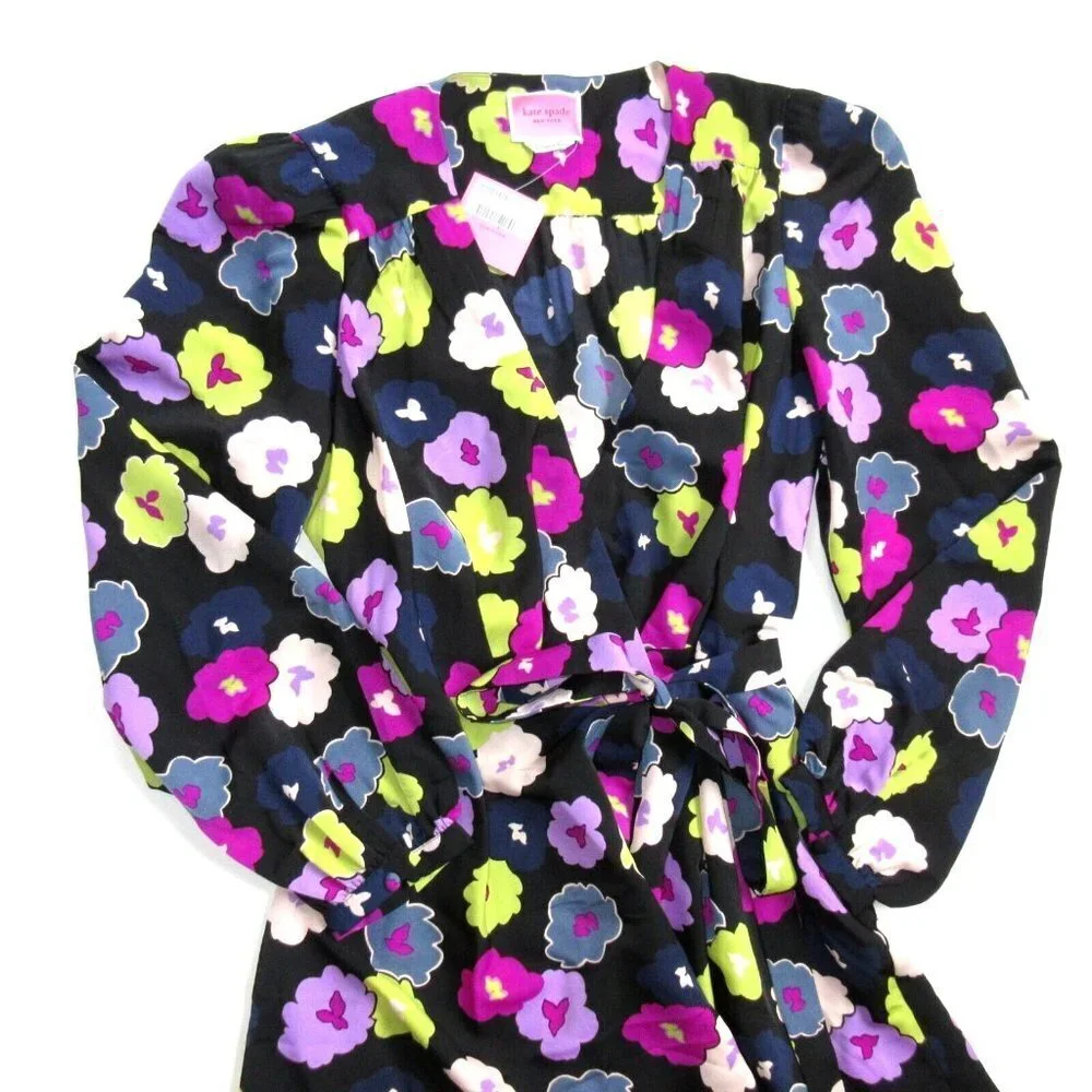 NWT Kate Spade New York Winter Garden Midi in Black Floral Print Wrap Dress 0